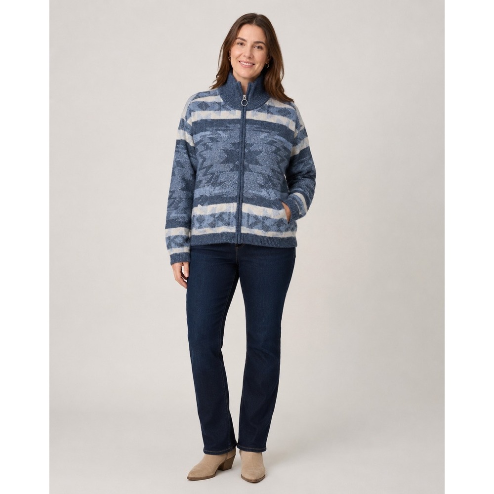 Lucky Brand Full Zip Up Sweater Womens Size XL Cardigan Southwest Aztec Blue